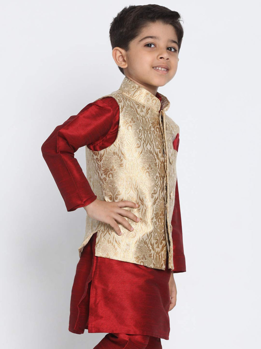 Jbn Creation Boys Rose Gold Silk Blend Nehru Jacket || Banarasi Brocade Woven Jacquard Modi/Nehru Jacket || Ethnic Wear For Fes