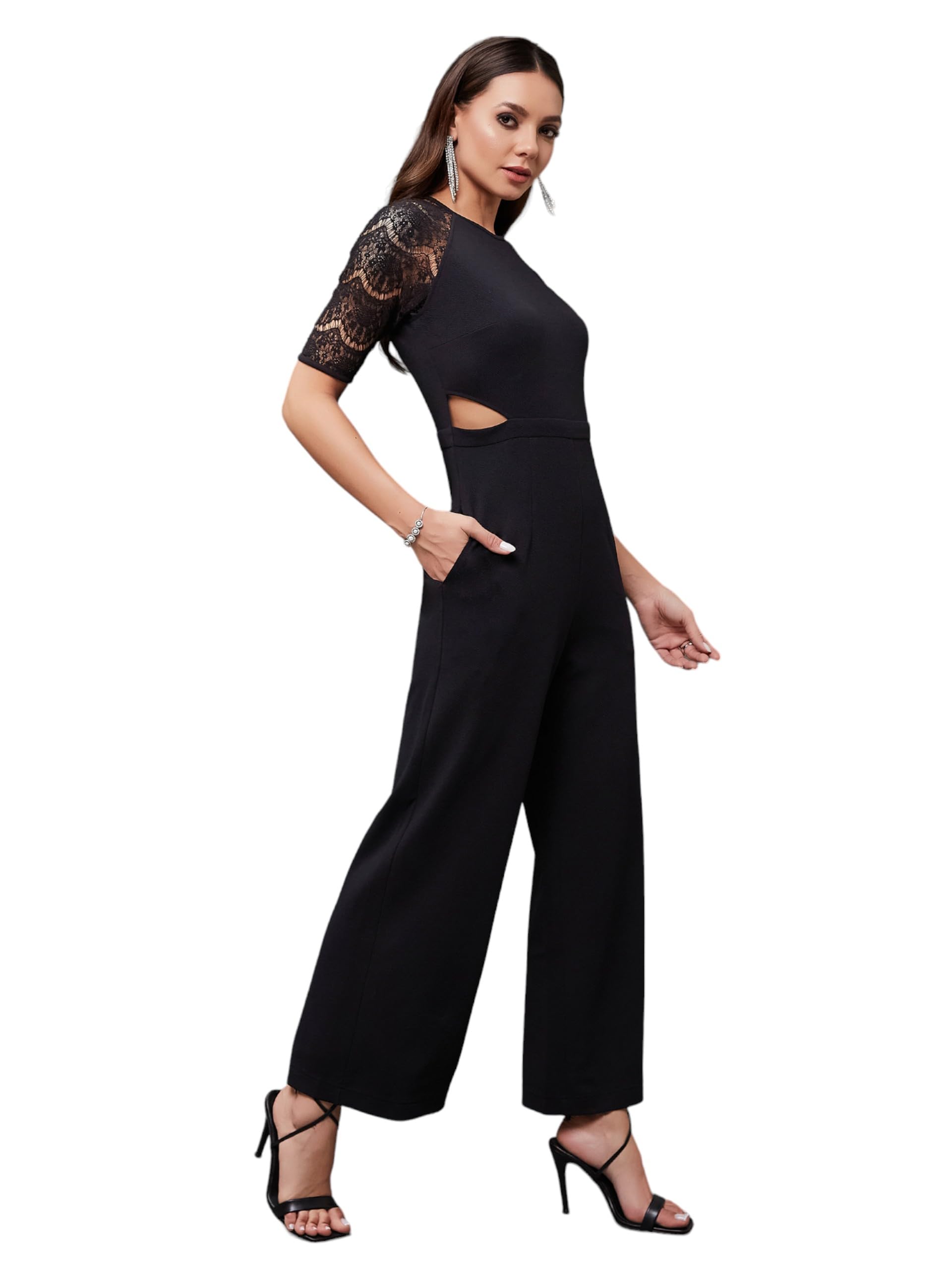 Miss Chase WomenS Half Sleeve Solid Waist Cut-Out Regular Length Jumpsuit With Pockets (Mcss24D97-09-62-06, Black, Xl)