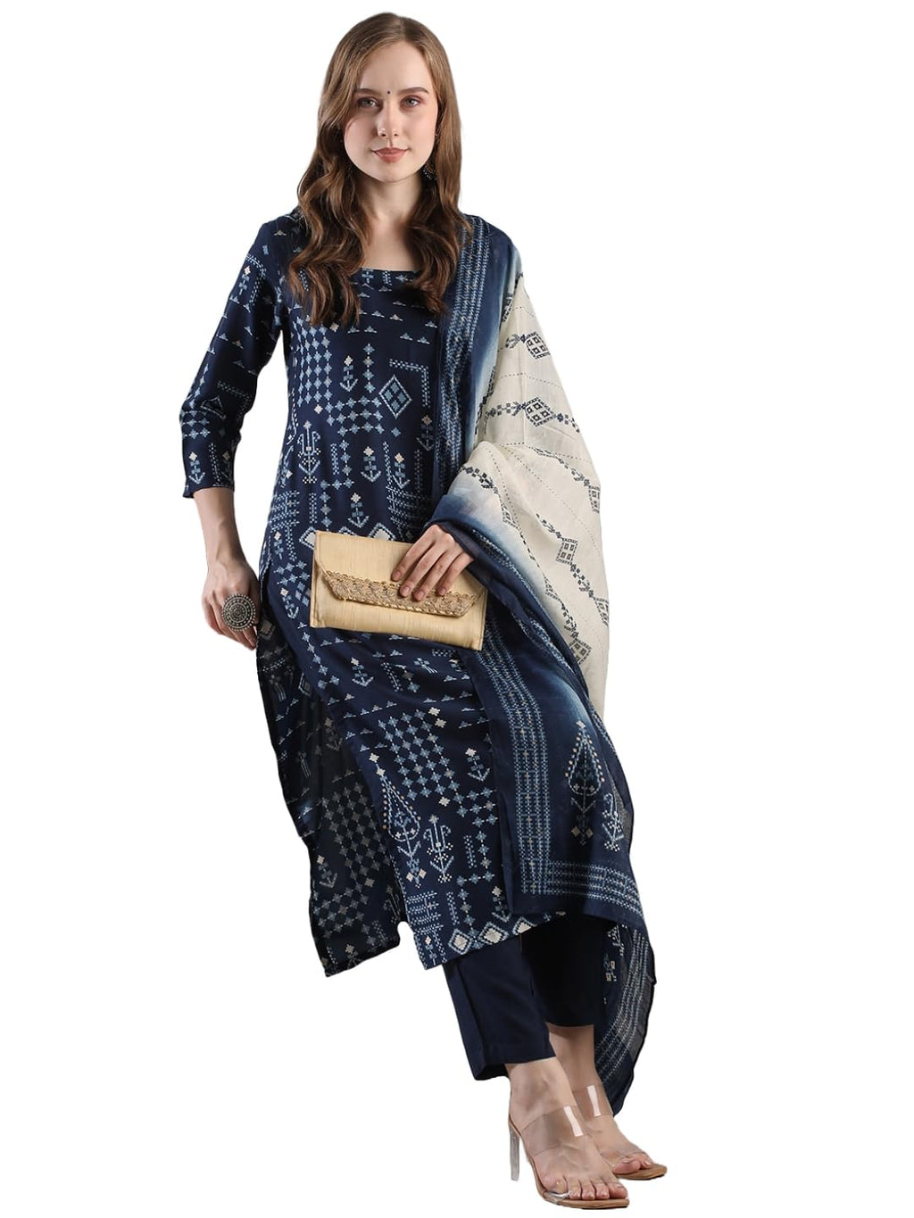 ANNI DESIGNER Women s Rayon Blend Printed Straight Kurta with Pants and Dupatta, Blue, XL