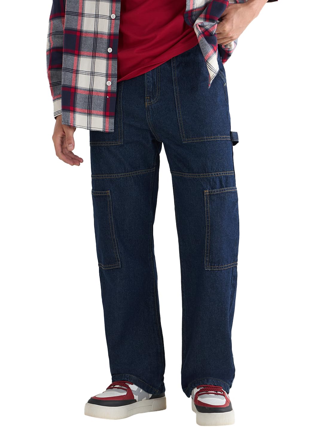 Bewakoof Mens Baggy Straight Fit Cargo Jeans_625027_Blue_34, Mid Rise
