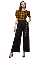 Miss Chase WomenS Black & Mustard Round Neck Cowl Sleeve Checkered Wide-Leg Viscose-Rayon Regular Length Jumpsuit (Mcss23D15-71