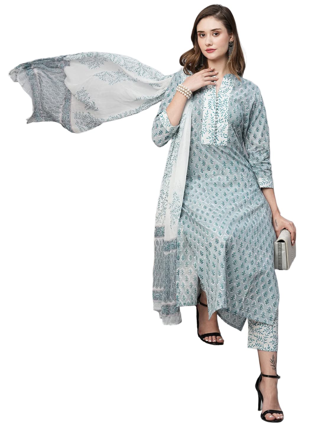 ANNI DESIGNER Ladies Cotton Blend Staright Print Trousers Dupatta Kurta 