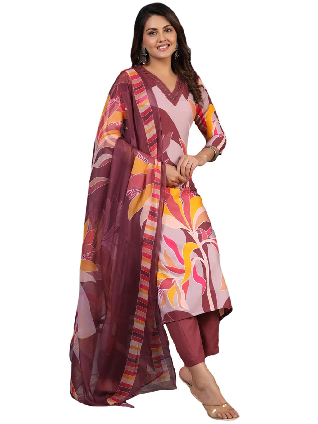 Gosriki Women'S Rayon Blend Printed Straight Kurta With Pant & Dupatta (Khissu Wine-Nw-Gs_Xl_Wine_X-Large)