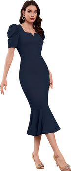 Satpurush WomenS Lycra Blend Sweet-Heart Neck Puff Sleeve Fit And Flared Calf Length Casual Bodycon Dress For Party, Office, Me