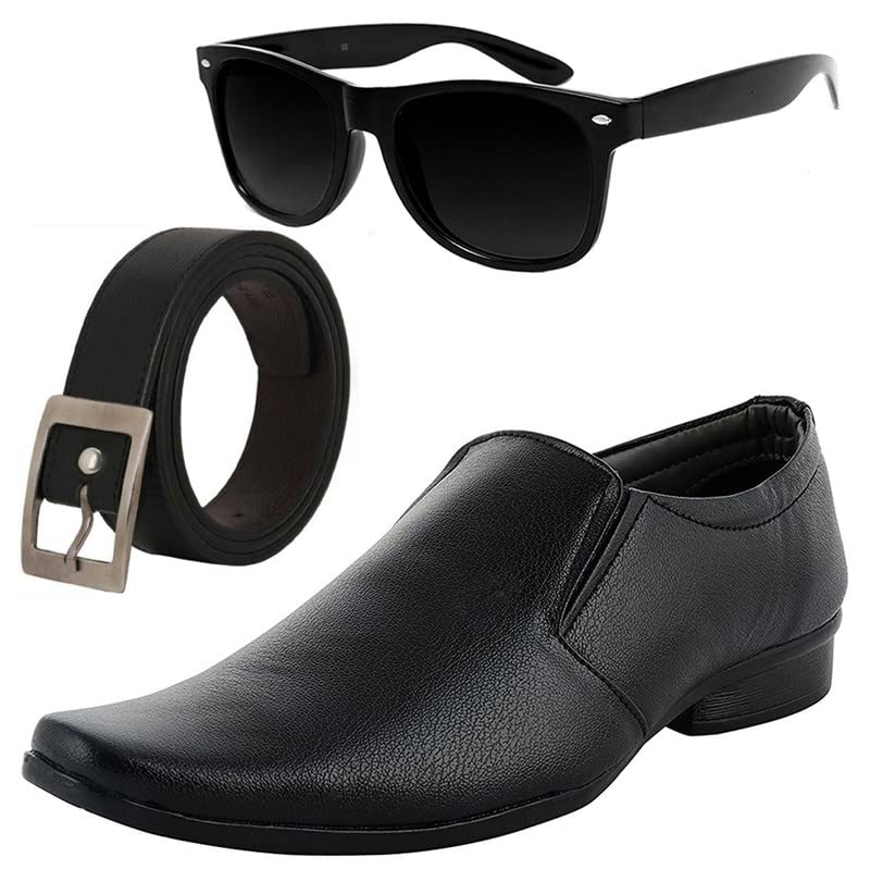Vitoria Stylish & Fashionable Men Formal Shoes with Free Belt & Unisex Black Wyfer Sunglasses Combo/8 8