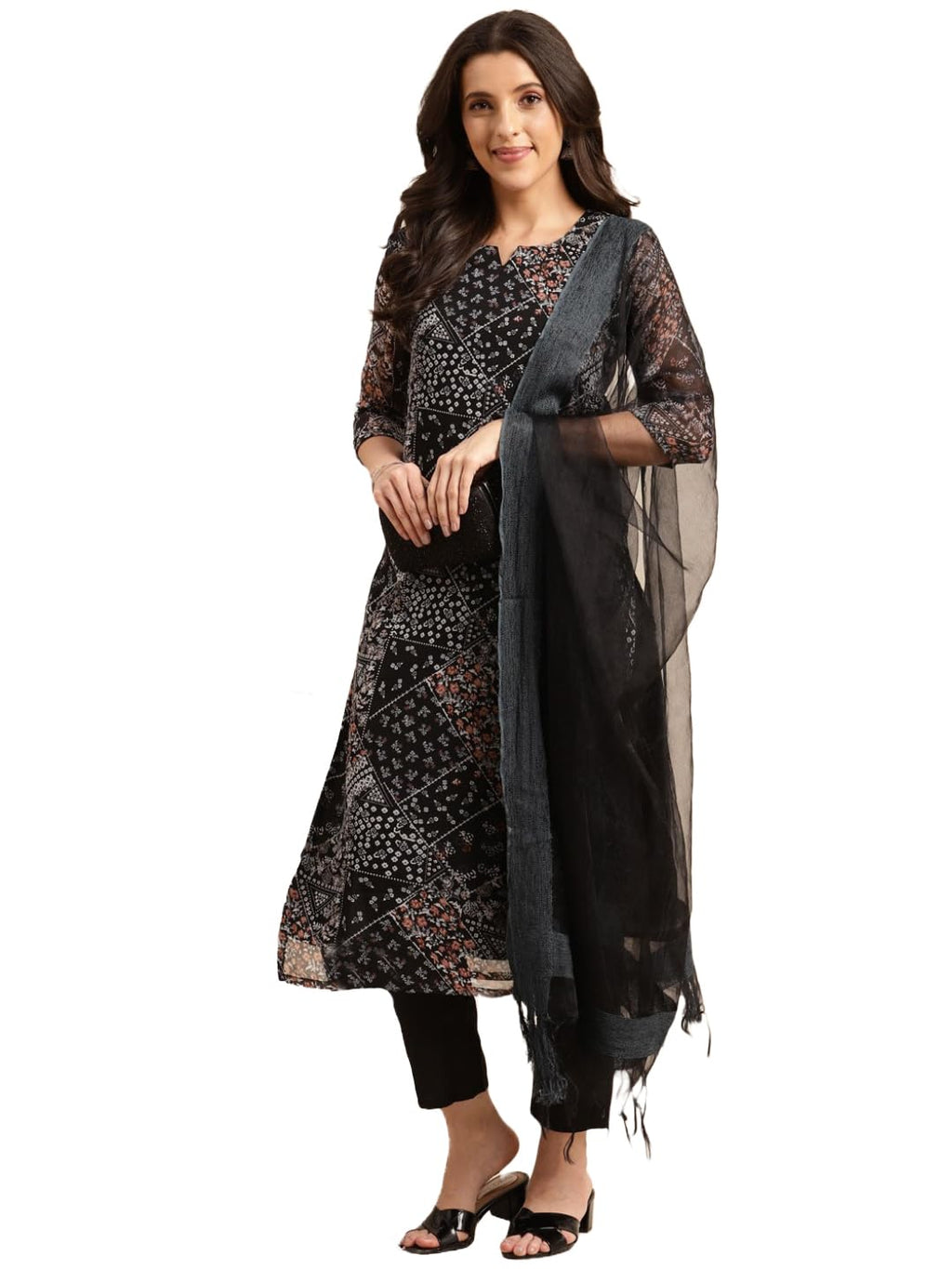 ANNI DESIGNER Women's Georgette Straight Printed Kurta with Pant & Dupatta (Pivis Black-NWG_XL_Black_X-Large)