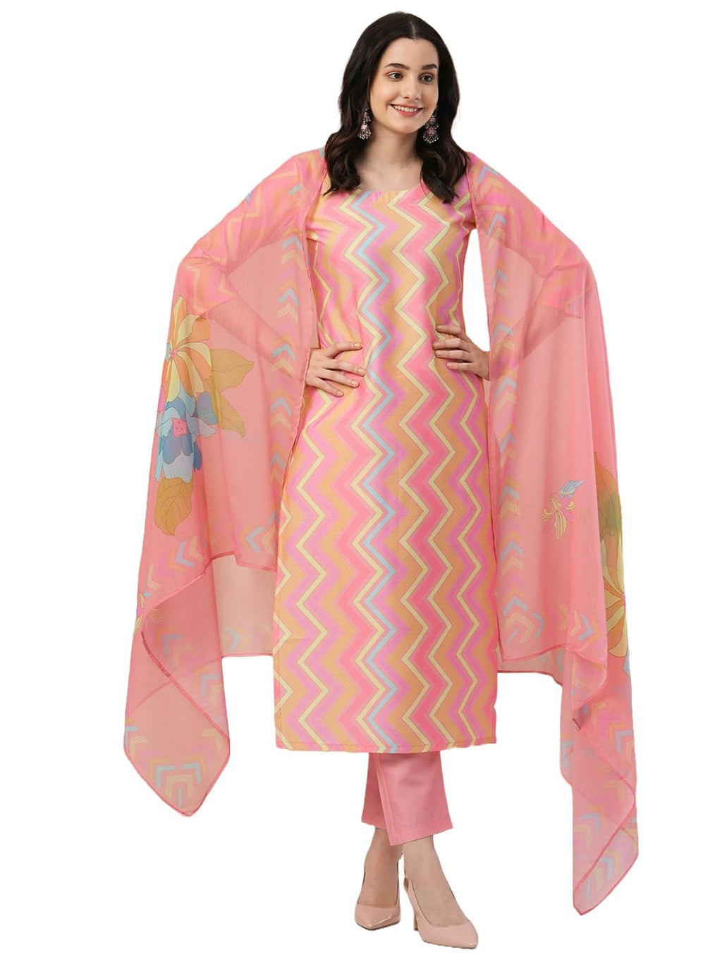 ANNI DESIGNER Women s Kurta with Trousers and Dupatta, Pink, S