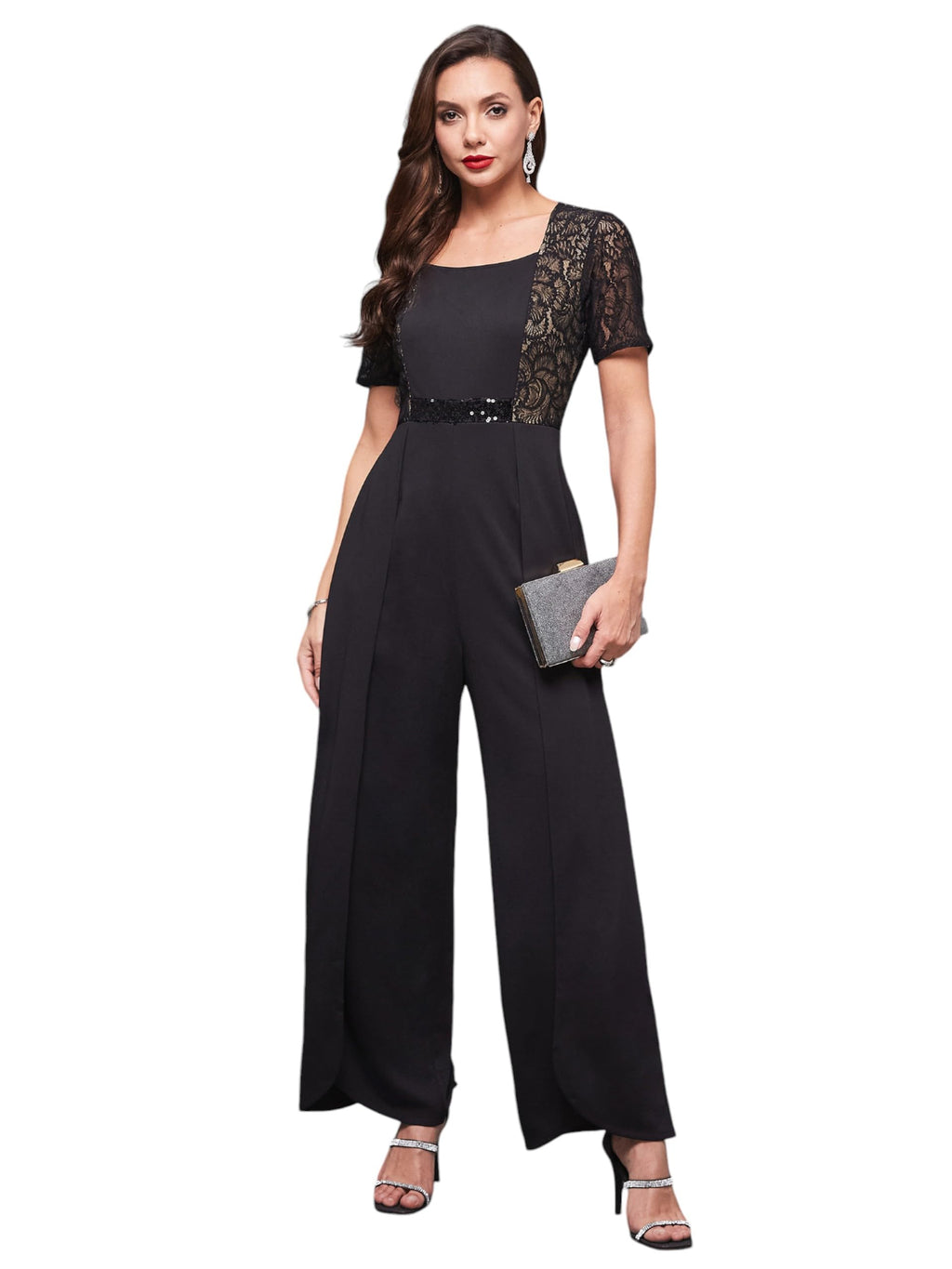Miss Chase Womens Square-Neck Half-Sleeve Self-Designed Panelled Jumpsuit (MCSS24D19-30-62-06, Black, XL)