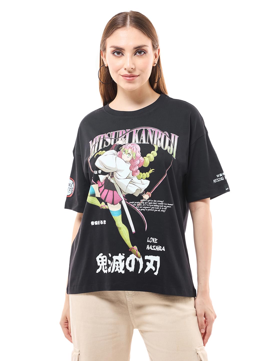 Bewakoof Official Demon Slayer Merchandise Hashira WomenS Graphic Print Oversized Fit Half Sleeve Round Neck Cotton Jersey T-Shi