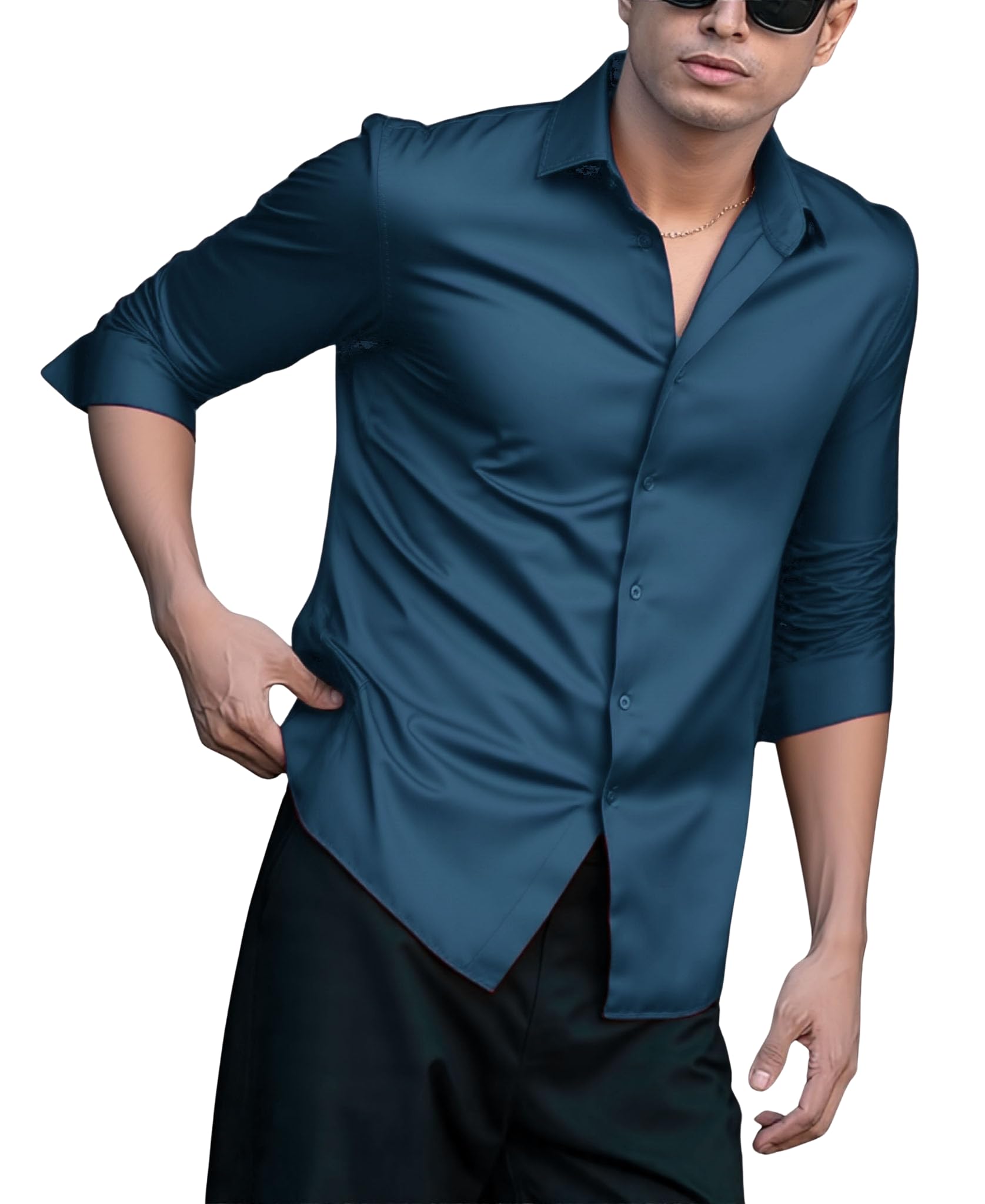 Indoprimo MenS Casual Button Down Long Sleeve Satin Plain Shirt
