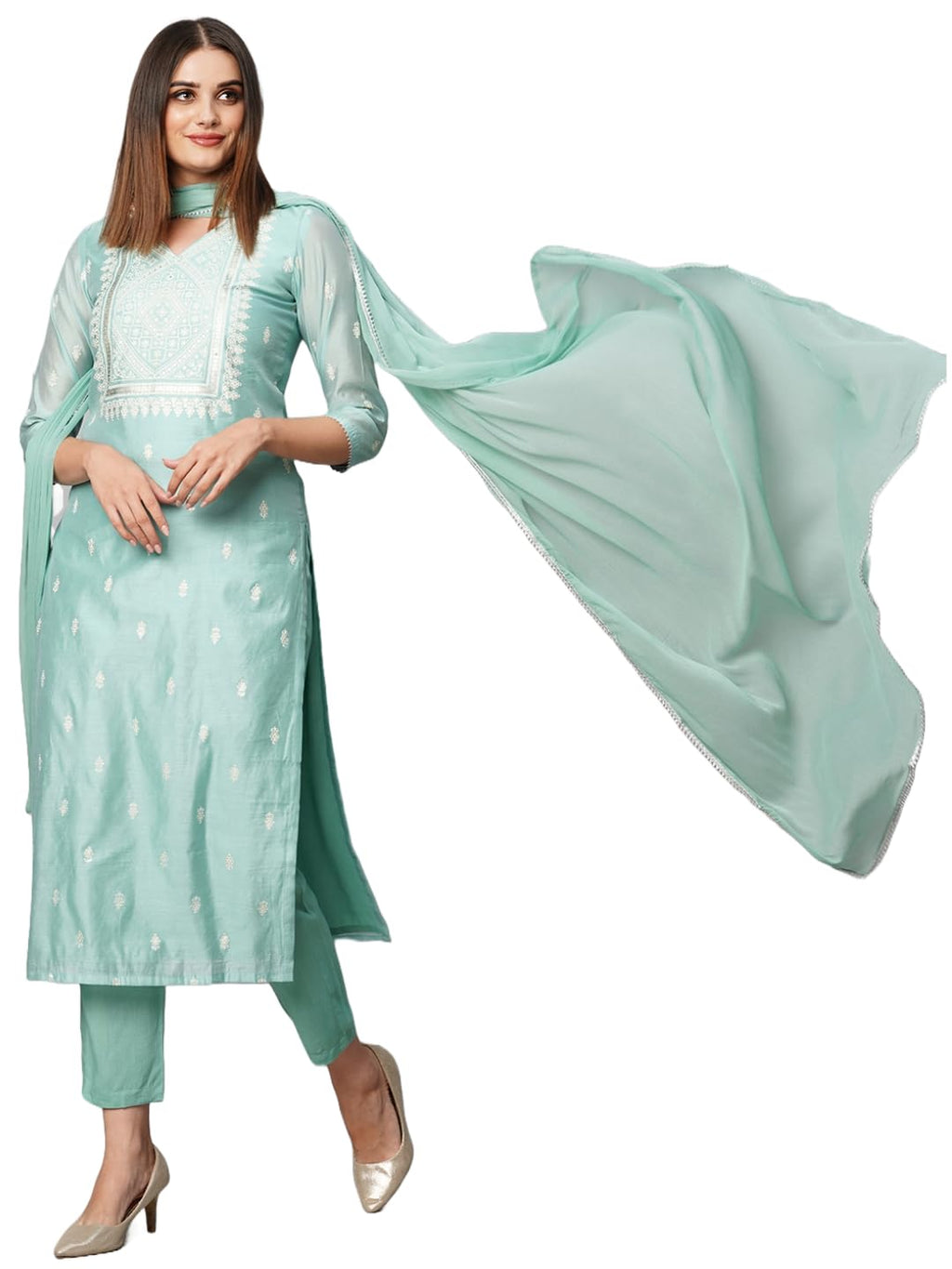 ANNI DESIGNER Womens Cotton Blend Straight Printed Kurta with Pant & Dupatta (Sawre Pista_M_Pista_Medium)