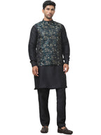 Jompers Mens Embossed Nehru Jacket With Solid Kurta Pyjama Set