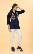 WomenS Embroidered V-Neck Tunic Top | Voscos Rayon 3/4 Balloon Sleeves Tunic For WomenS | Floral Design Casual Wear Top (In, A