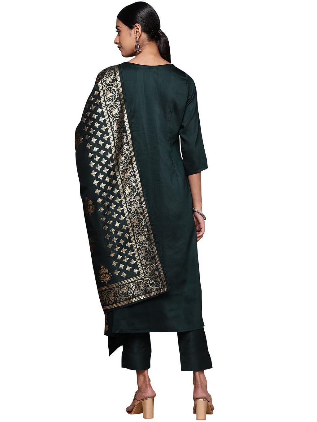 Ziyaa Women'S Bottle Green Chinon Kurta, Pant And Dupatta Set
