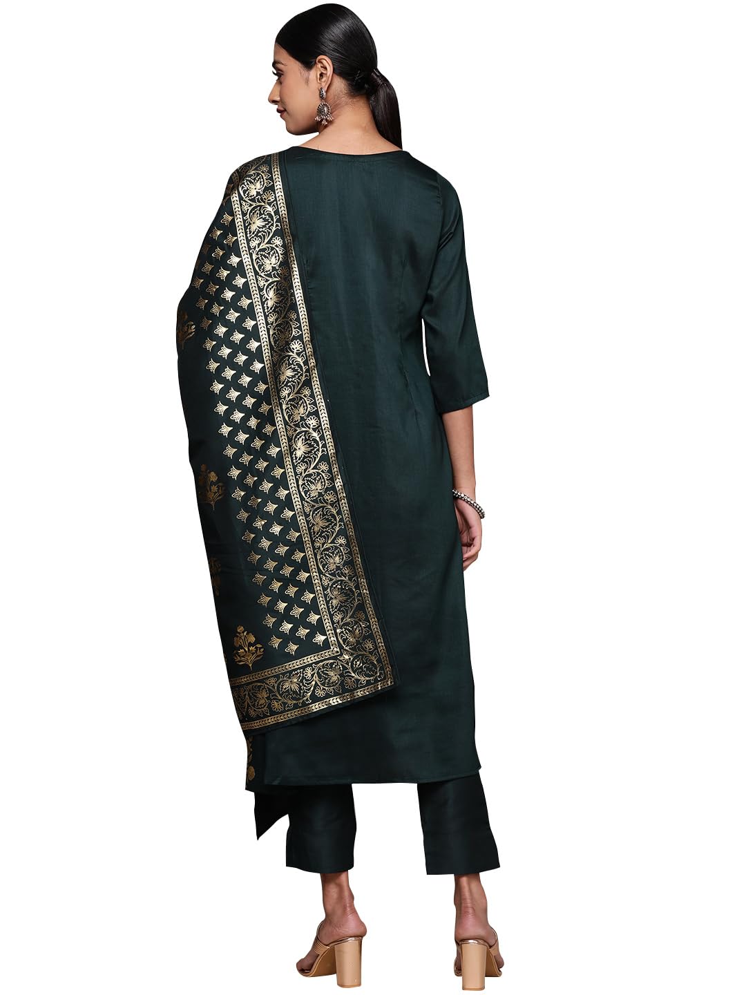 Ziyaa Women'S Bottle Green Chinon Kurta, Pant And Dupatta Set