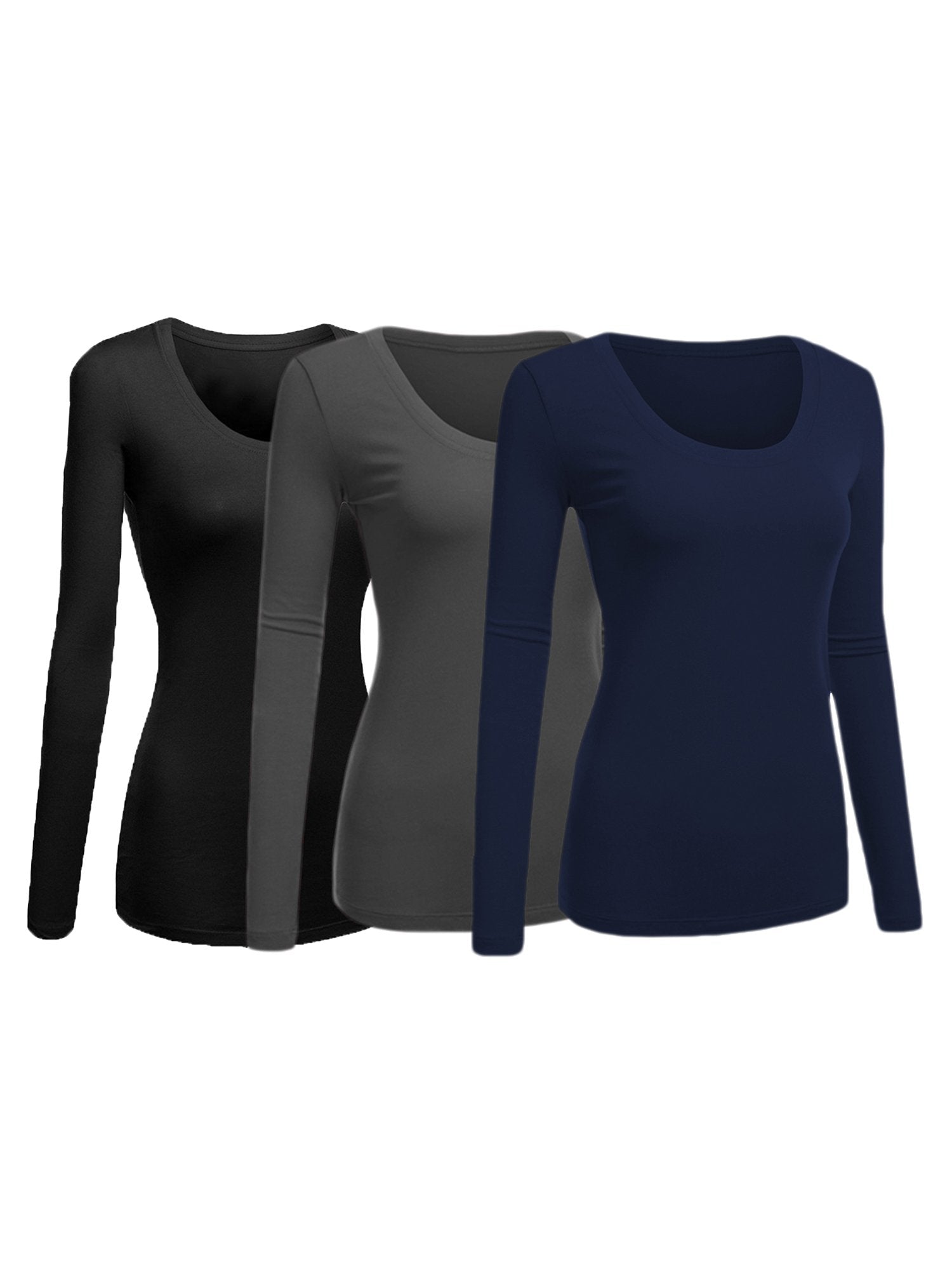 Emmalise Women's Junior and Plus Size Basic Scoop Neck Tshirt Long Sleeve Tee, 1xl, 3Pk Black, Charcoal, Navy