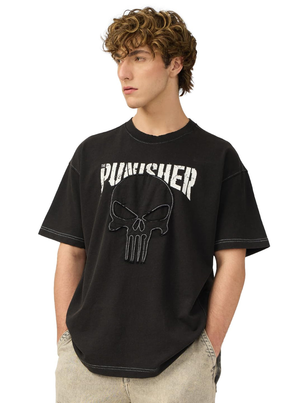 The Souled Store Punisher: Logo Men and Boys Short Sleeves Round Neck Black Printed Cotton Oversized T-Shirts