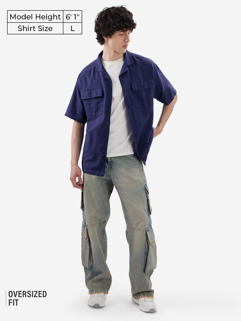 The Souled Store Solids: Navy Blue Men and Boys Short Sleeves Collared Neck Button Front Oversized Fit Cotton Textured Shirts
