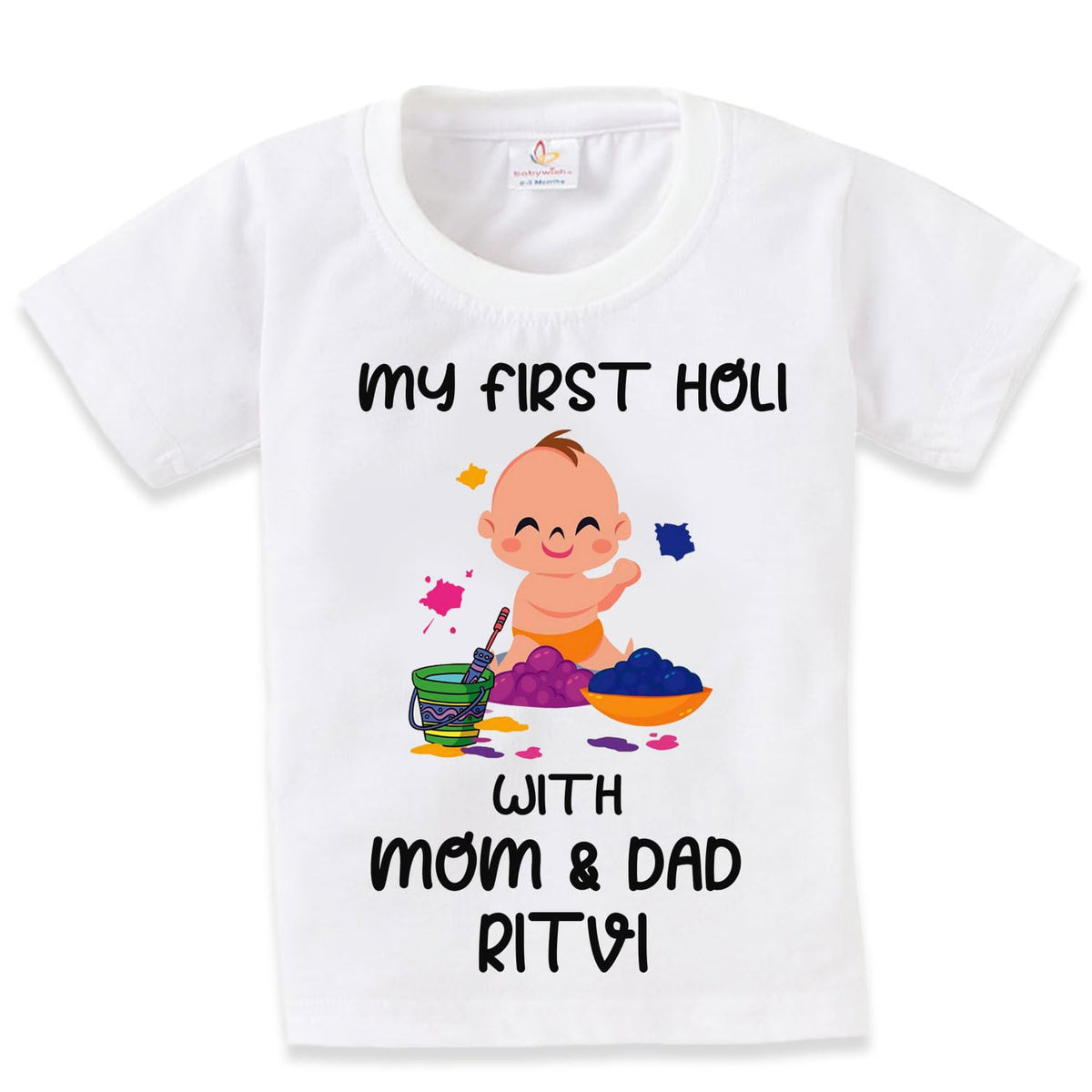 baby wish My First Holi with Mom and Dad Tshirt for Kids Customized Baby Name On Tshirt Celebrate Colorful Festival  Customized 18-24