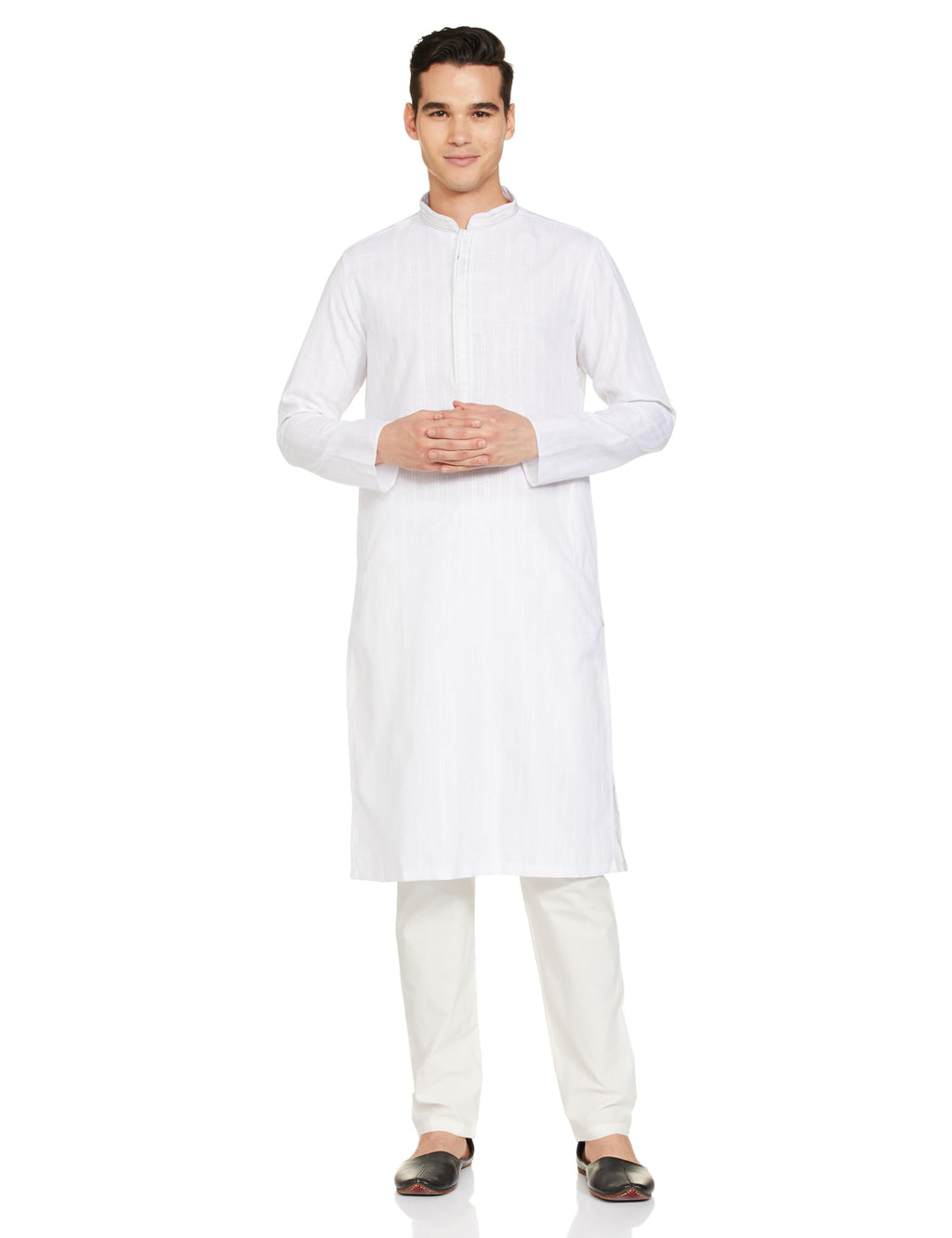 Manyavar White Blended Viscose Self Design Casual Kurta Set For Men