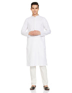 Manyavar White Blended Viscose Self Design Casual Kurta Set For Men