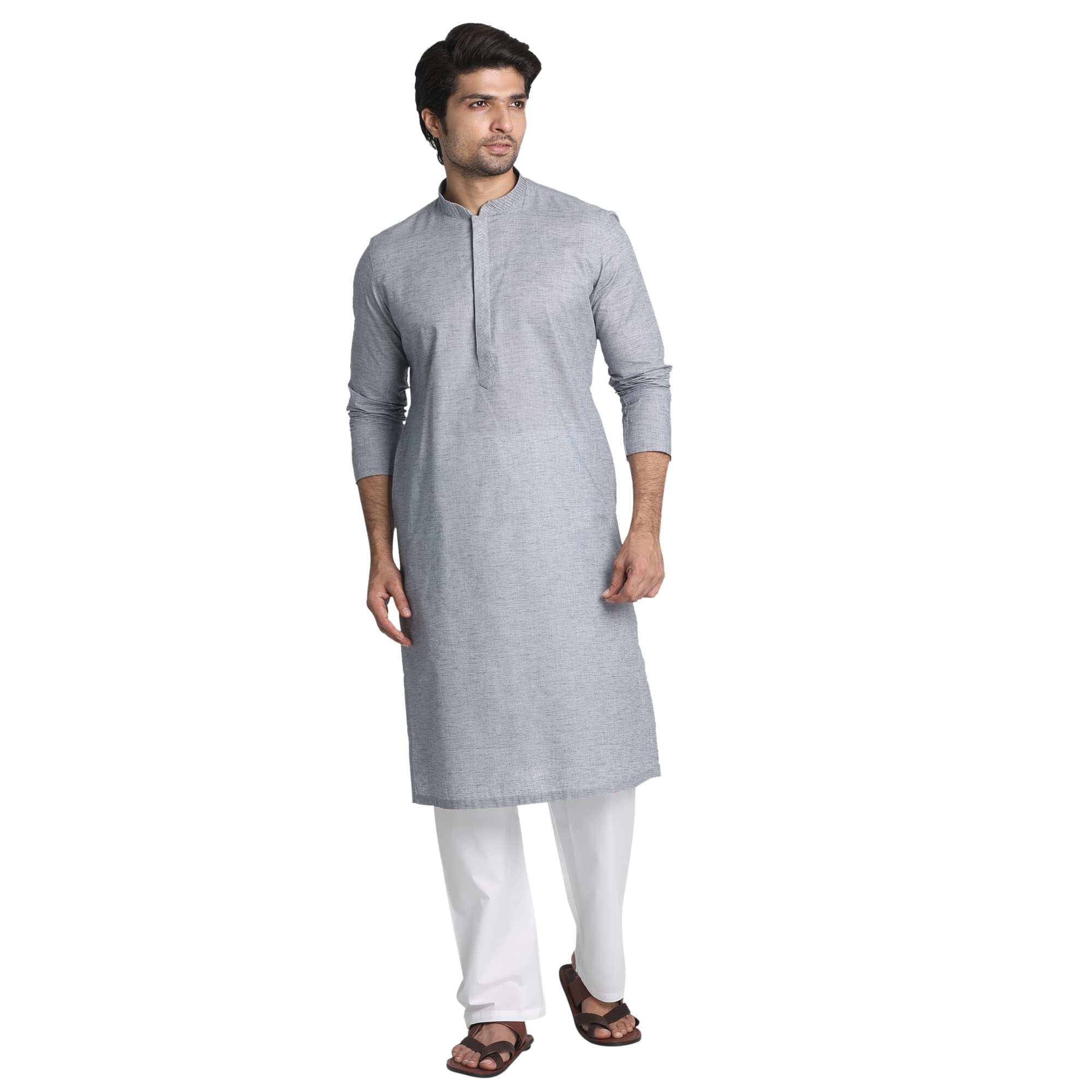 Manyavar Mens Silk Solid Regular Kurta and Pyjama Set (M301064-308_Grey_M)