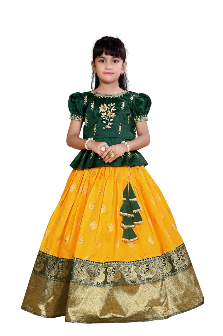 White Button New South Indian Traditional Pattu Pavadai Jecquard Lehenga Choli For Girls Dress