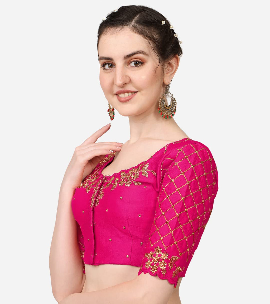 Vihu Fashion Womens Phantom Silk Half Sleeve Embroidery Handwork, Rough Cut Work Stone Work Readymade Blouse