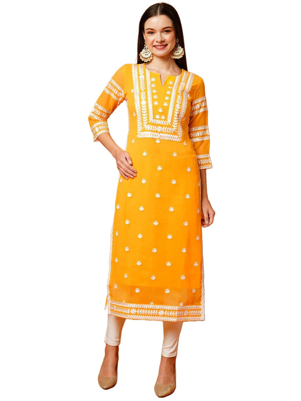 Anni Designer WomenS Cotton Blend Straight Chikankari Embroidered Kurta (Stho-Mustard_S_Mustard_Small)