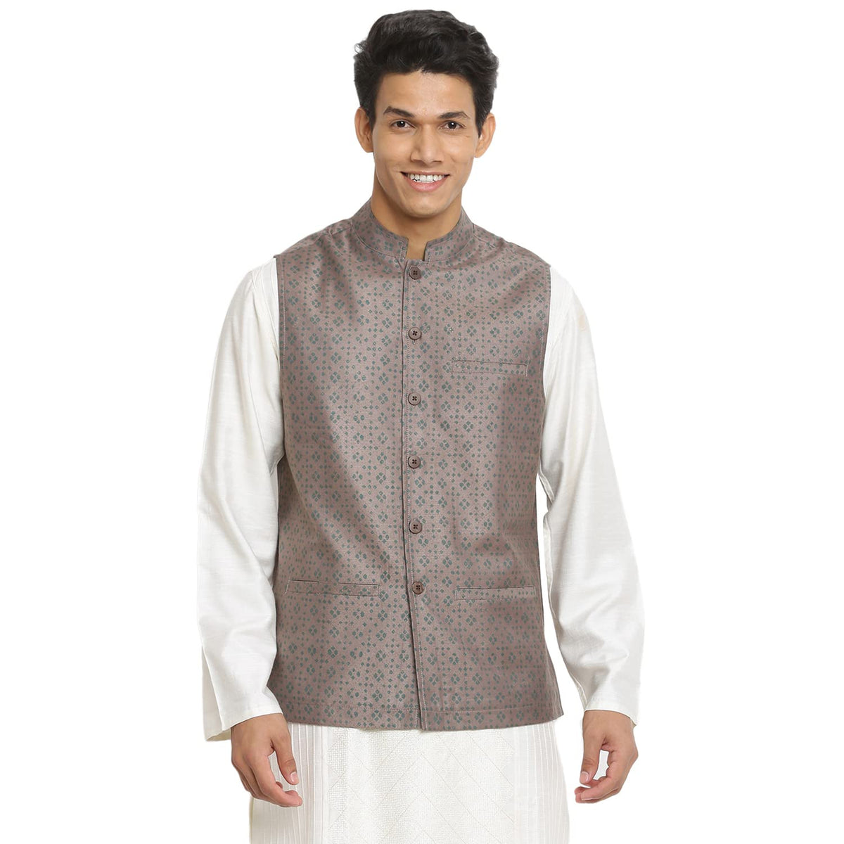 Fabindia Men Collar Viscose Silk Printed Nehru Jacket Chinese_S
