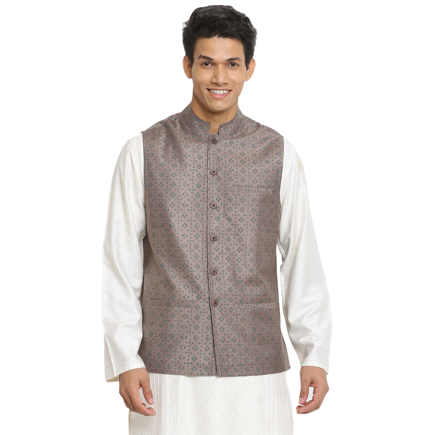 Fabindia Men Collar Viscose Silk Printed Nehru Jacket Chinese_Xs