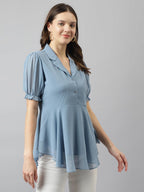 Toochki Light Blue Georgette Solid Western Flared high Low top for Women Latest Trendy Tops