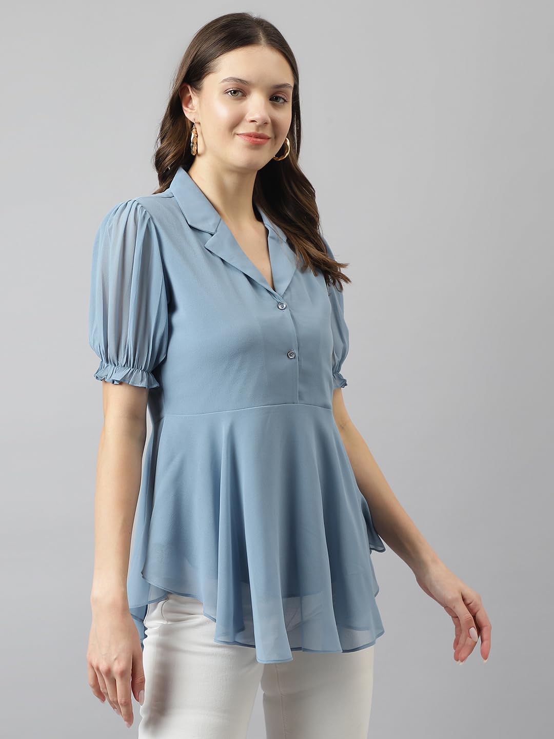 Toochki Light Blue Georgette Solid Western Flared high Low top for Women Latest Trendy Tops