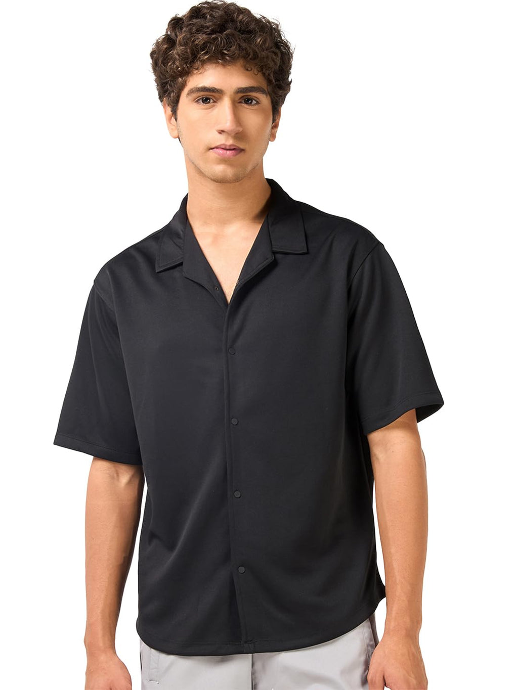 Bewakoof Mens Textured Oversized Fit Half Sleeve Resort Collar Jacquard Shirt_684274_Black_XL