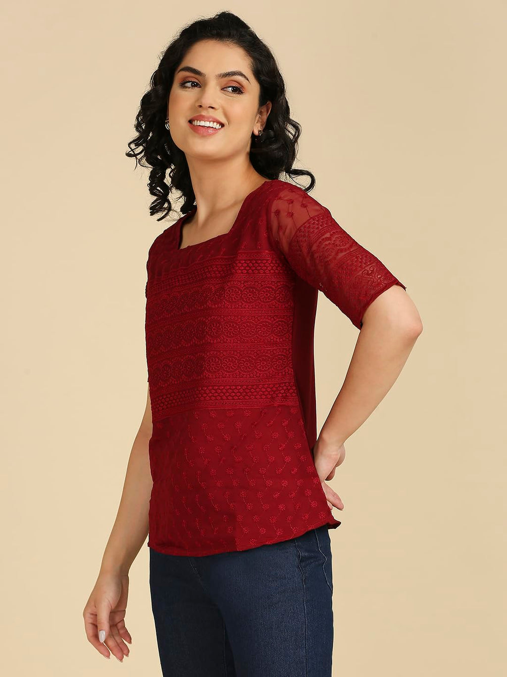 Gufrina WomenS Georgette Top With 3/4Th Sleeves Square Neck Embroidery Work Solid Pattern Regular Fit And Standard Length