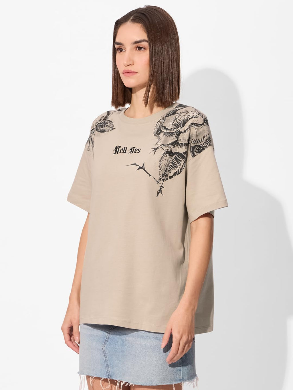 The Souled Store Hell Yes Women and Girls Short Sleeve Round Cotton Oversized T-Shirts Beige