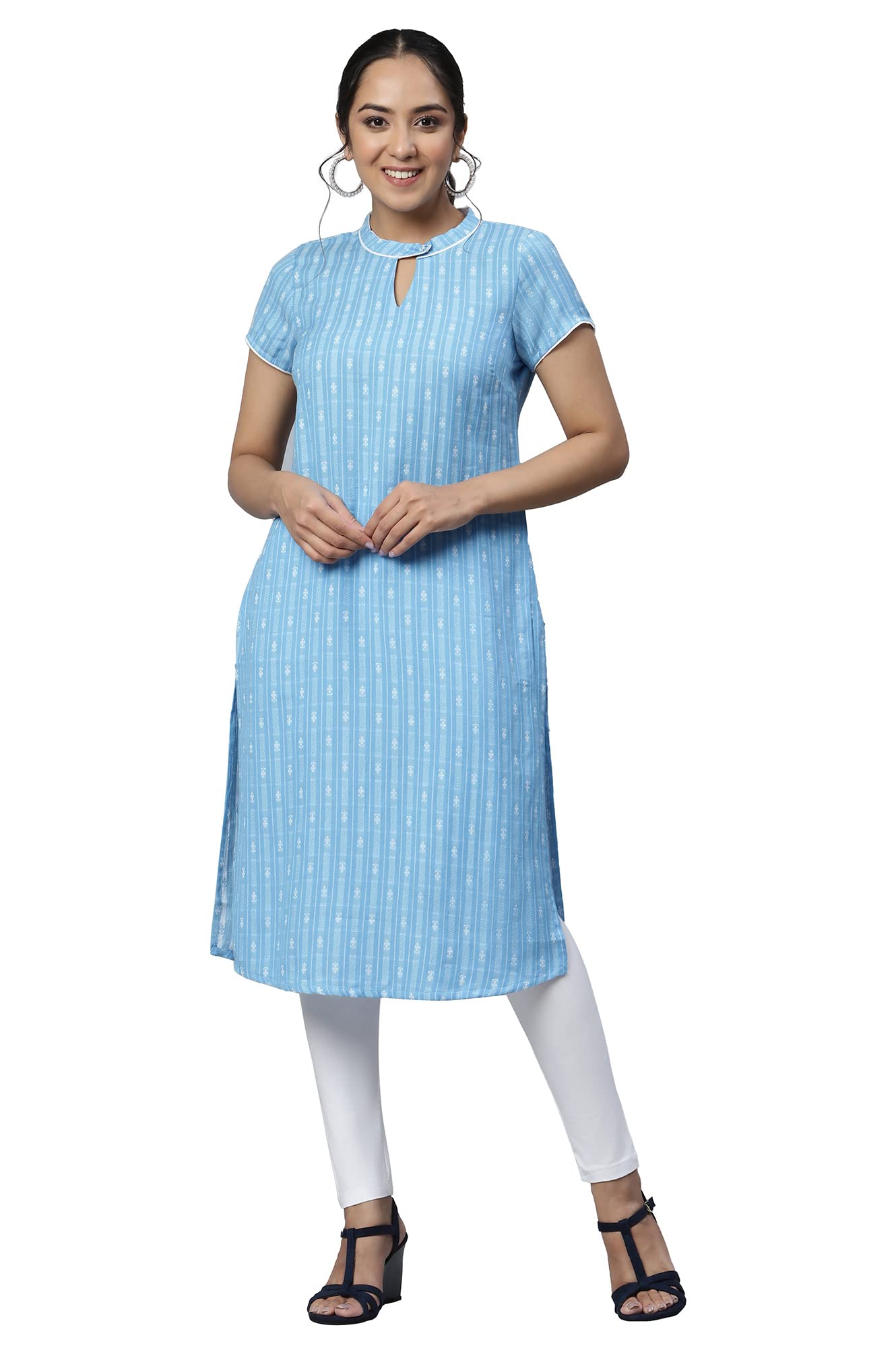 Aurelia Women Ice Blue Dobby Floral Yarn Dyed Straight Kurta_22AUA13342SS-702535_XS