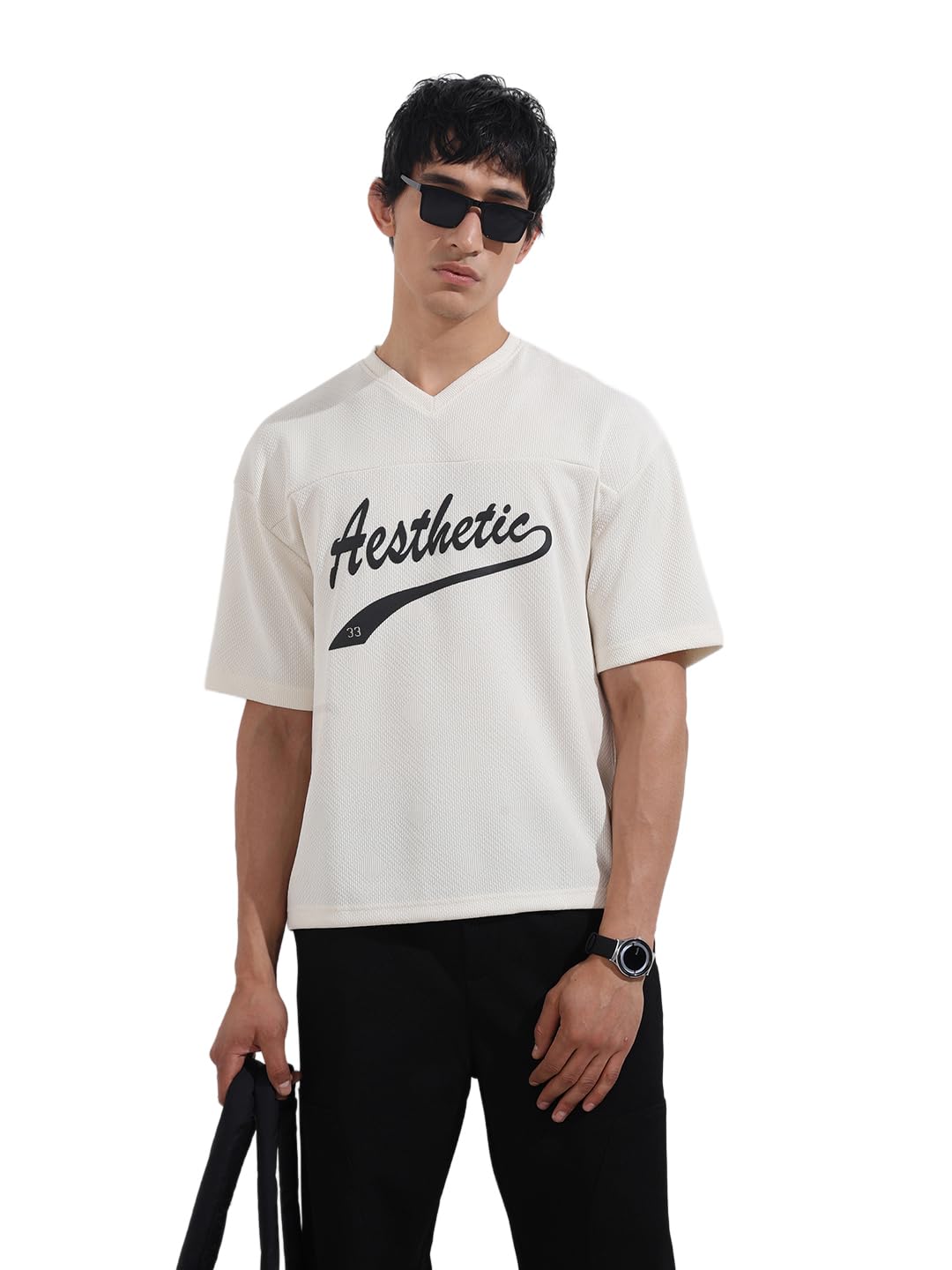 The Indian Garage Co Mens Boxy Textured Half Sleeves V Neck T-Shirt