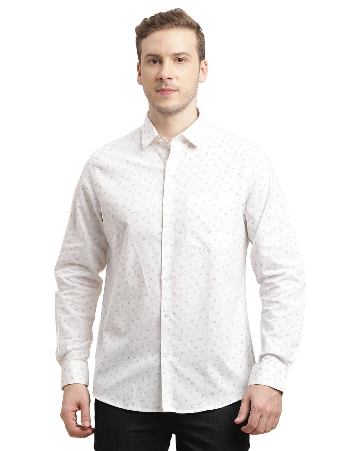 Turtle Men Cotton Linen Slim Fit White Printed Full Sleeve Formal Shirt