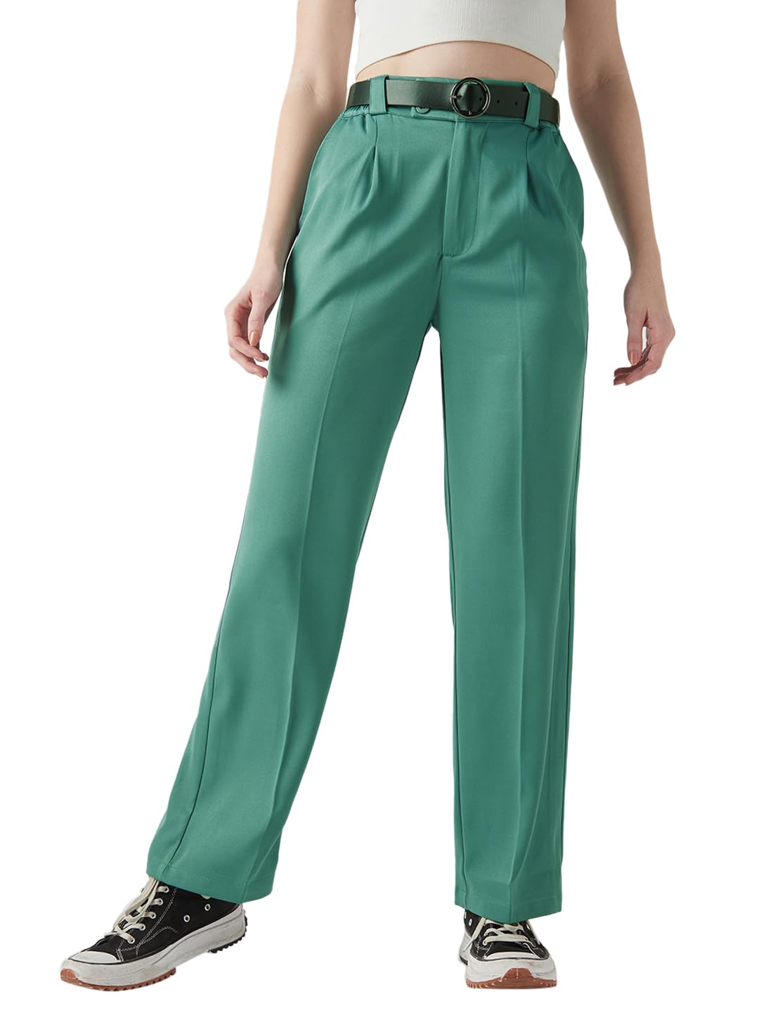 Bewakoof Womens Solid Regular Fit Cotton Lycra Blend Pant_647132_Green_L