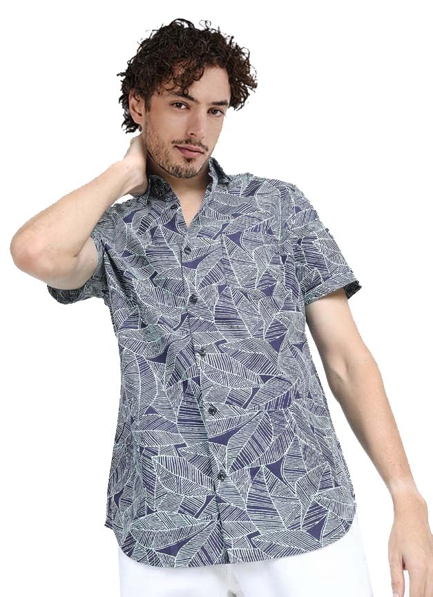 LookMark Mens Cotton Blend Navy Color Stitched Printed Half Sleeve Shirt(Shirt 59-XL)