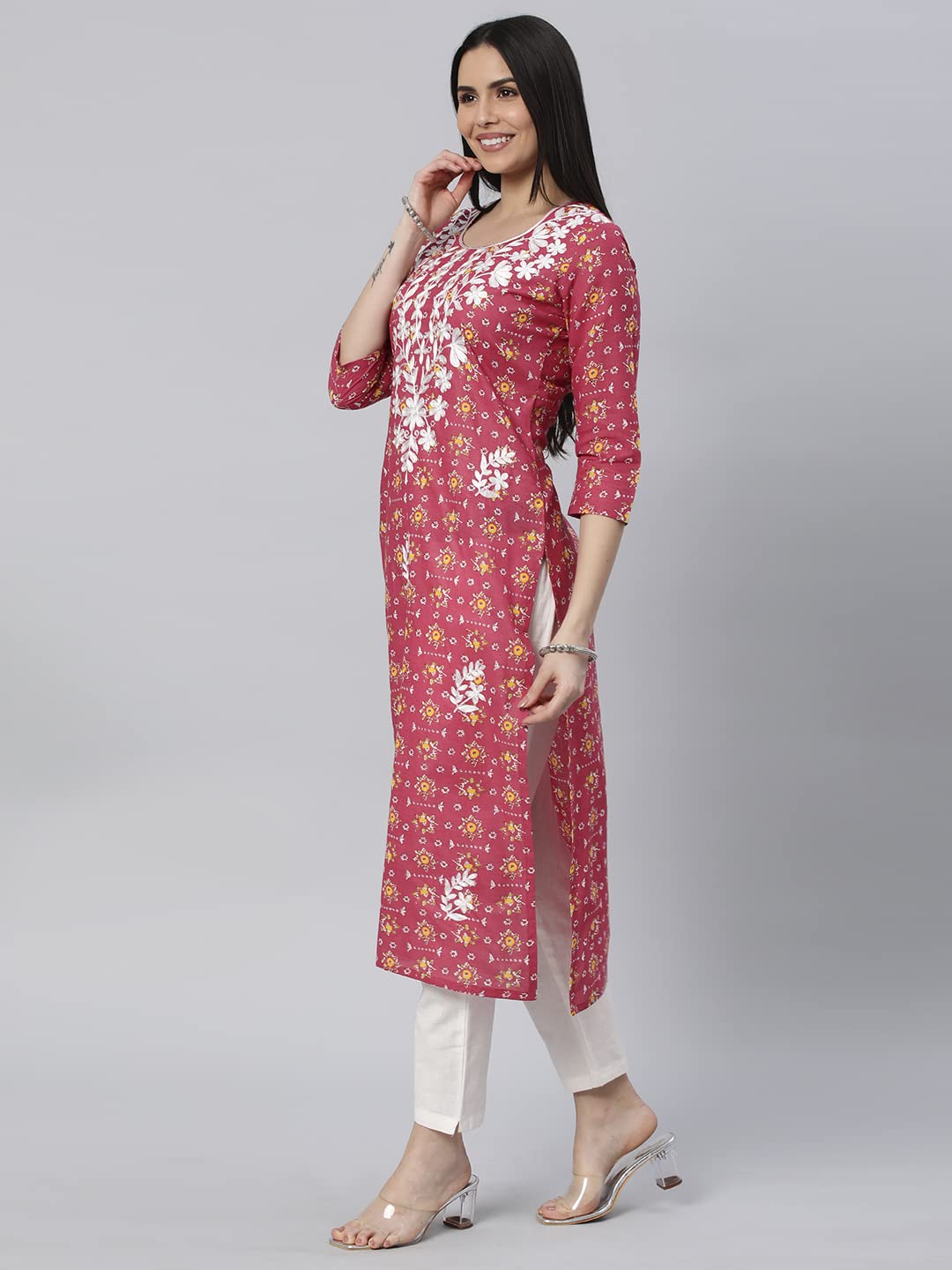 ANNI DESIGNER Womens Cotton Blend Printed Straight Chikankari Embroidered Kurta (Toshi Pink_S_Pink_Small)