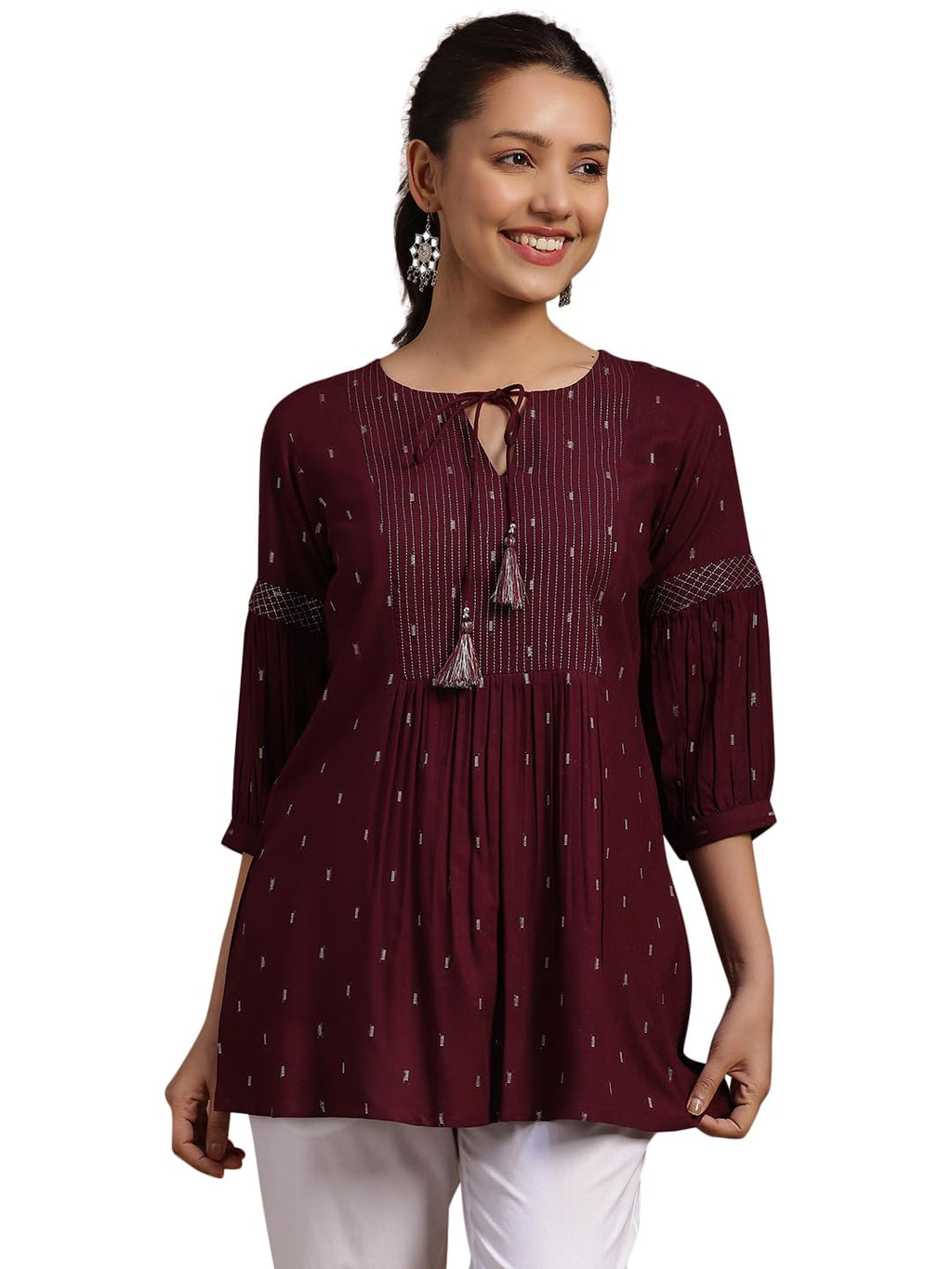 Libas Womens Woven Design Viscose A-Line Kurti For Women Burgundy
