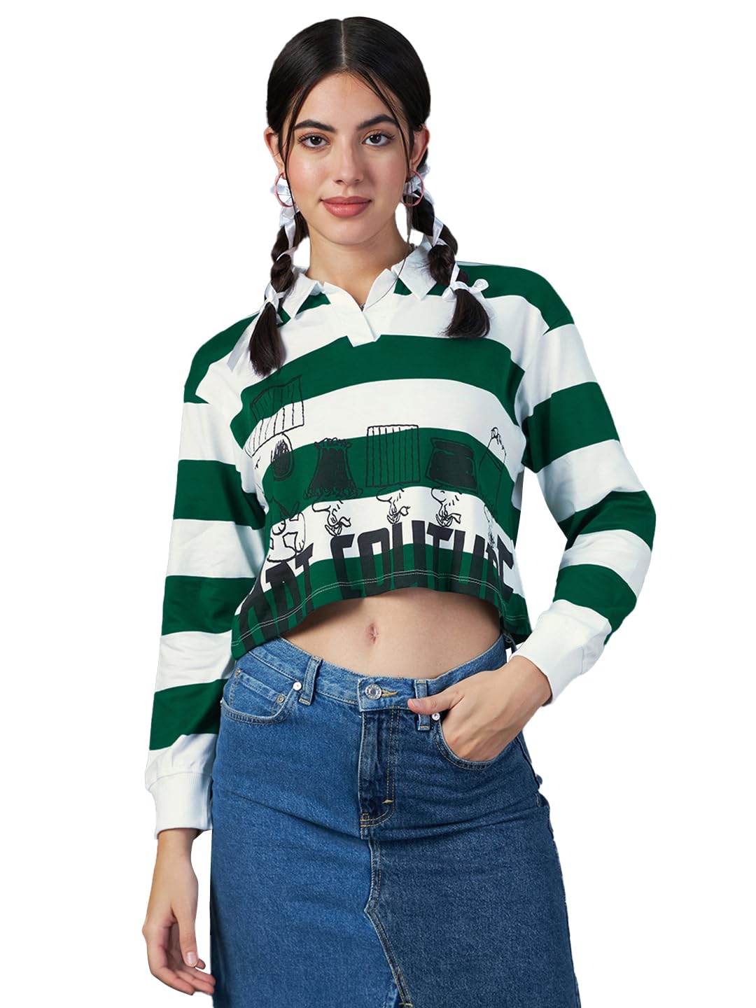 Bewakoof Womens Graphic Print Oversized Fit Full Sleeve Polo Cotton Short Top_615090_White_XL
