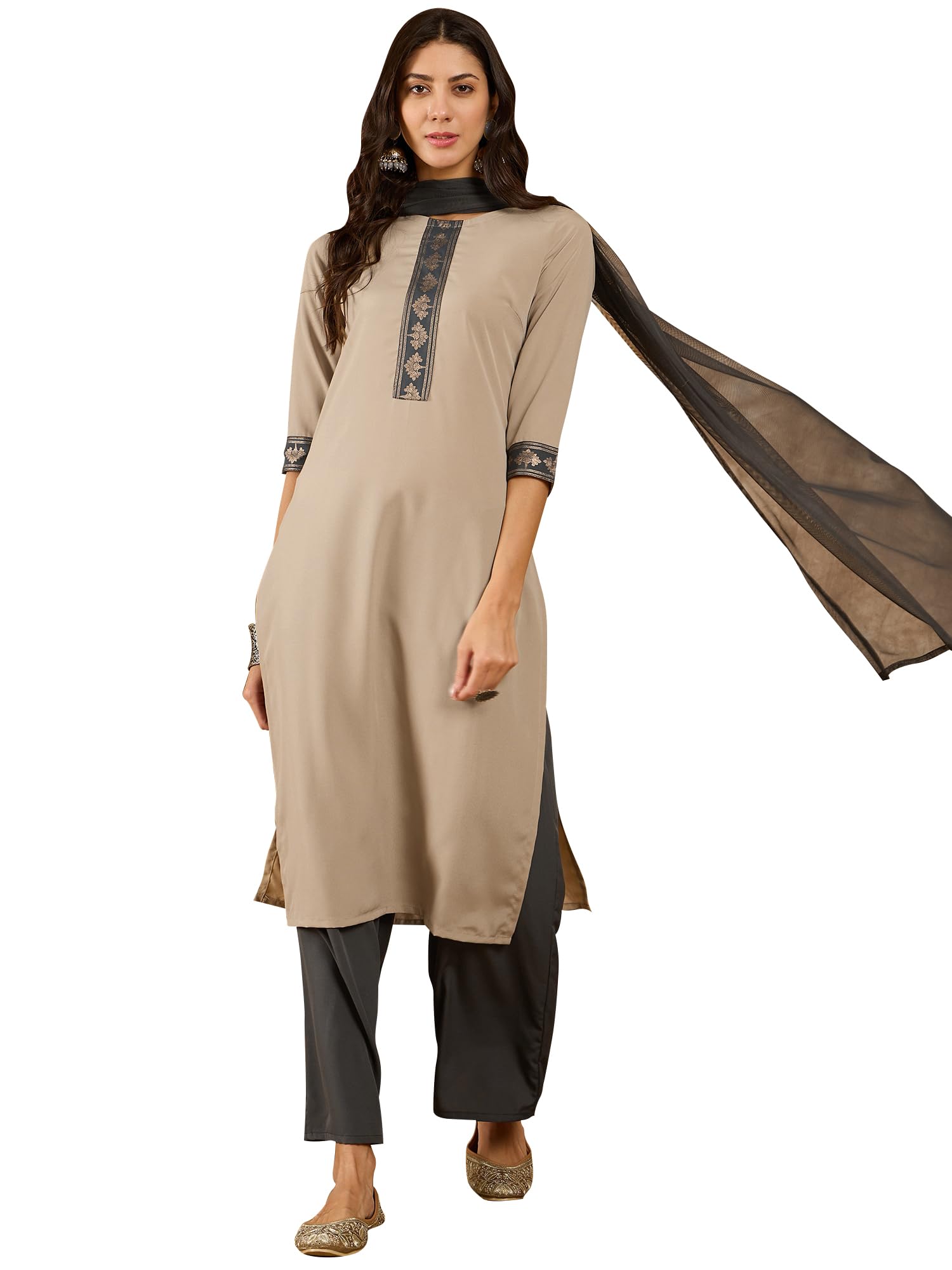Ziyaa Women'S Beige Crepe Kurta,Palazzo Set With Dupatta (Ziskdcr4068-Rl-3Xl