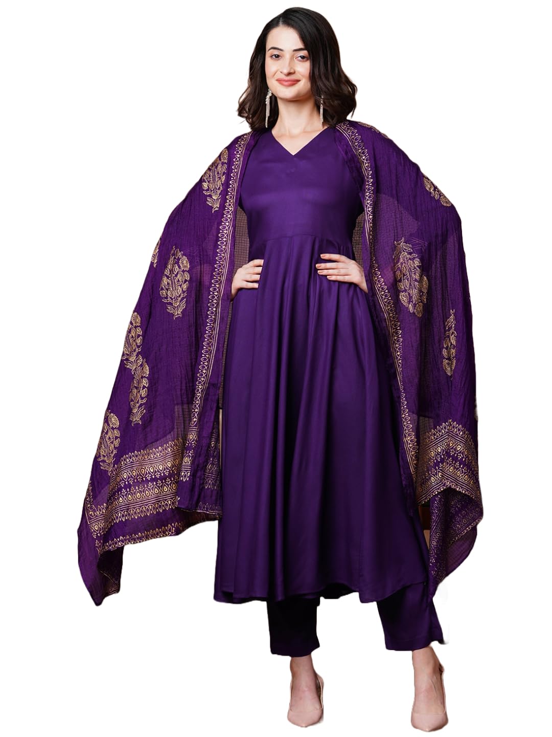 GoSriKi Womens Rayon Blend Solid Anarkali Kurta with Pant & Dupatta (Magic-Violet-NDM-GS_L_Violet_Large)