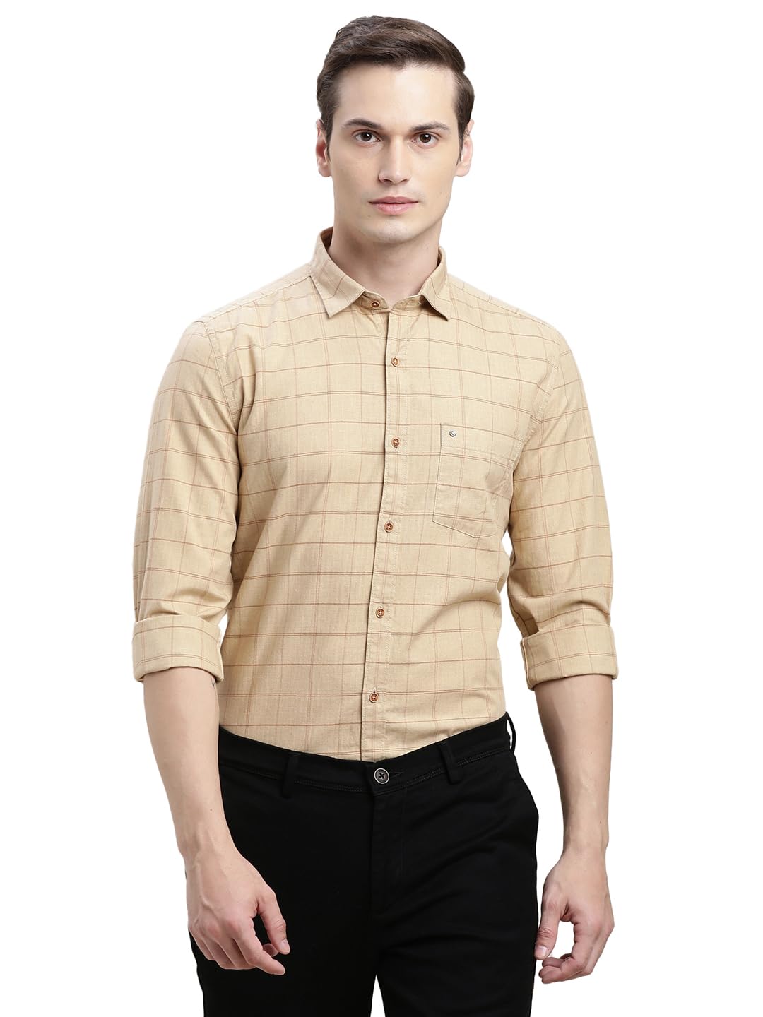 Turtle Men Beige Slim Fit Checkered Cotton Melange Casual Shirt