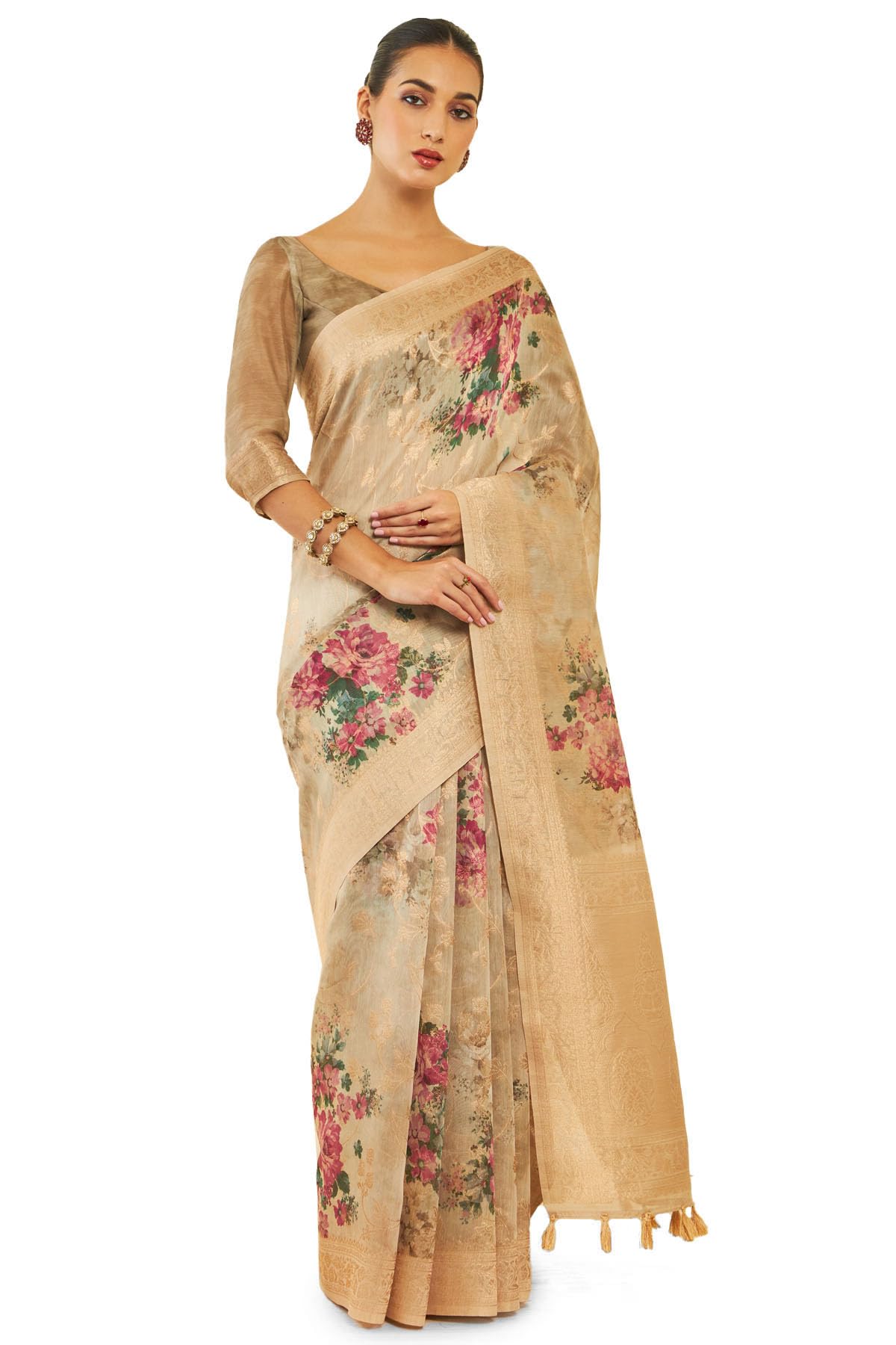 Soch Women Tussar Silk Saree with Floral Print and Zari Woven Designs