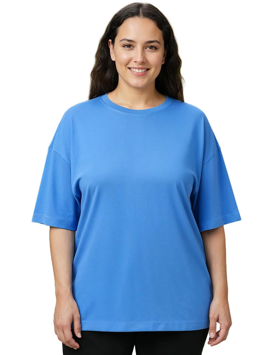 Bewakoof Womens Solid Oversized Fit Half Sleeve Round Neck Cotton Jersey T-Shirt_659432_Blue_5XL
