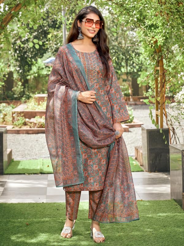 NAINVISH Womens Viscose Rayon Printed Straight Round Neck Kurta Pant with Dupatta